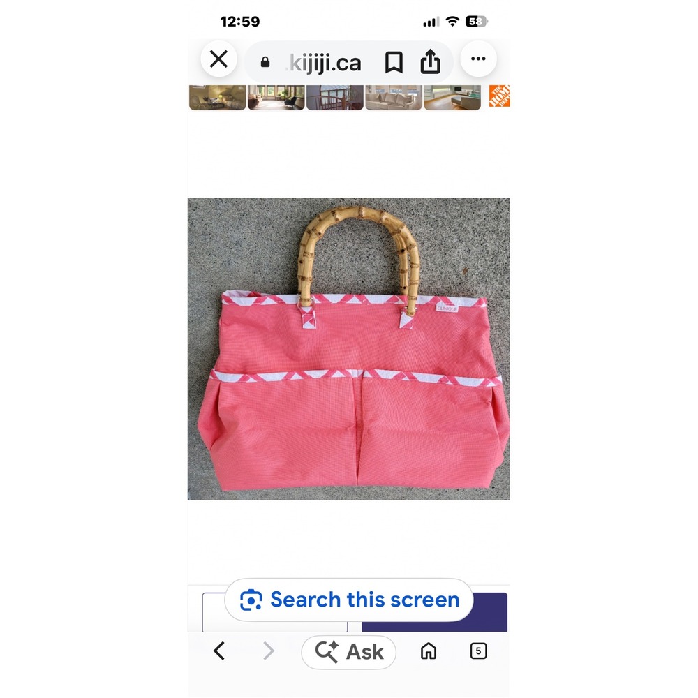 Clinique Coral Pink Canvas Tote Bag Bamboo Handles Geometric Trim Beach Bag